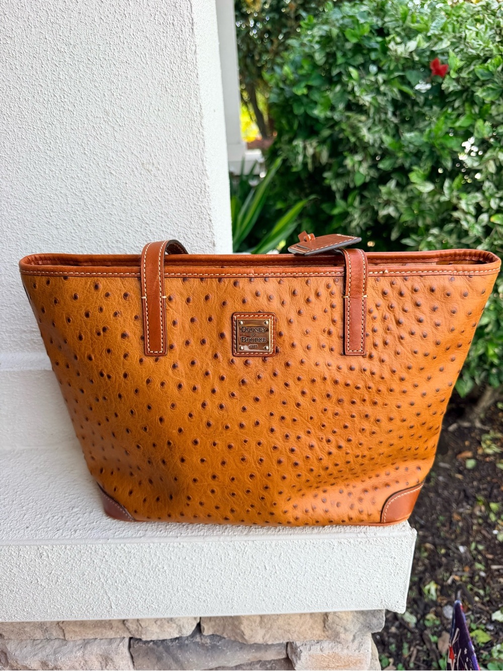Dooney & Bourke Ostrich Embossed Leather Tote Caramel Cognac Red Lining